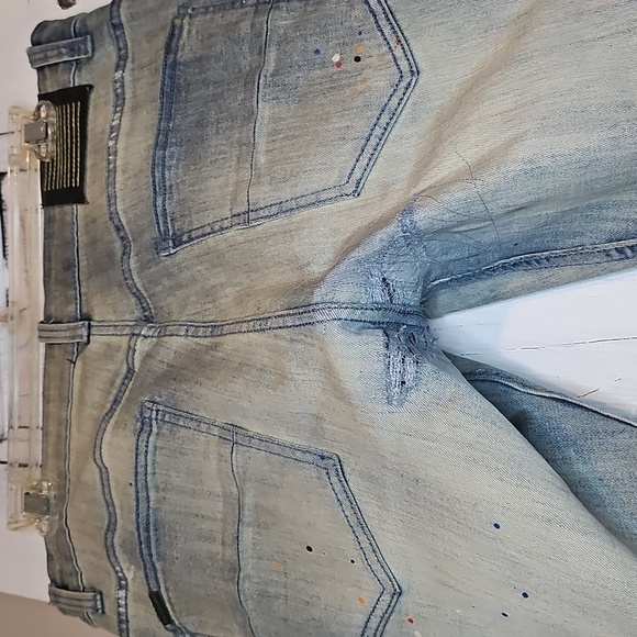 Serenede Mens Stretch Skinny Distressed Paint Splatter Light Wash Denim Jeans 34 - Picture 5 of 9